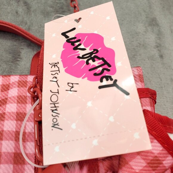 Betsey Johnson Heart LB Ruffle Pink Red Gingham Handbag Crossbody Tote Cottage - Picture 13 of 16